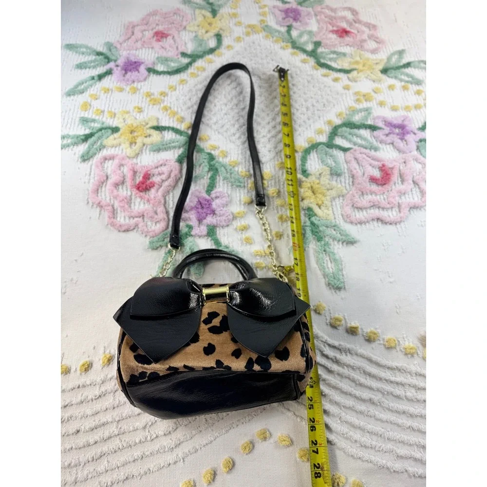Betsey Johnson Leopard Print Mini Satchel Black Patent Bow Crossbody Bag